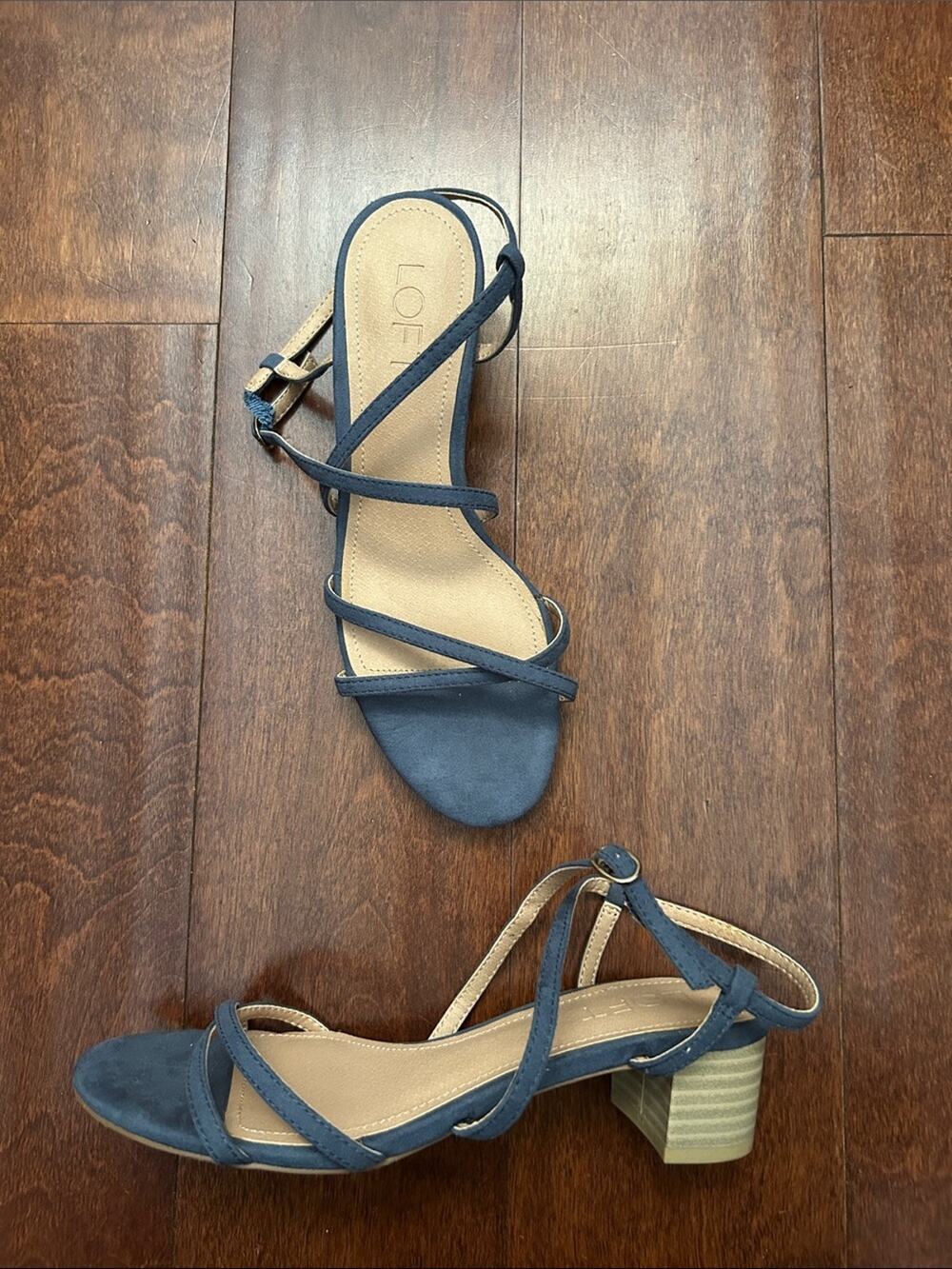 LOFT Blue Textile Strappy Low-Heel Sandals, Size 5.5